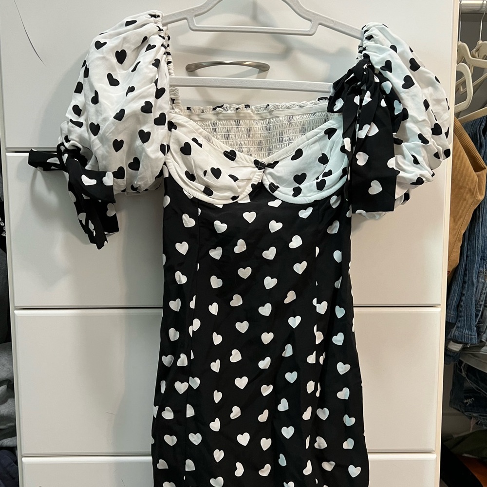 rare for love & and lemons heart print mae mini dress XS, black and white